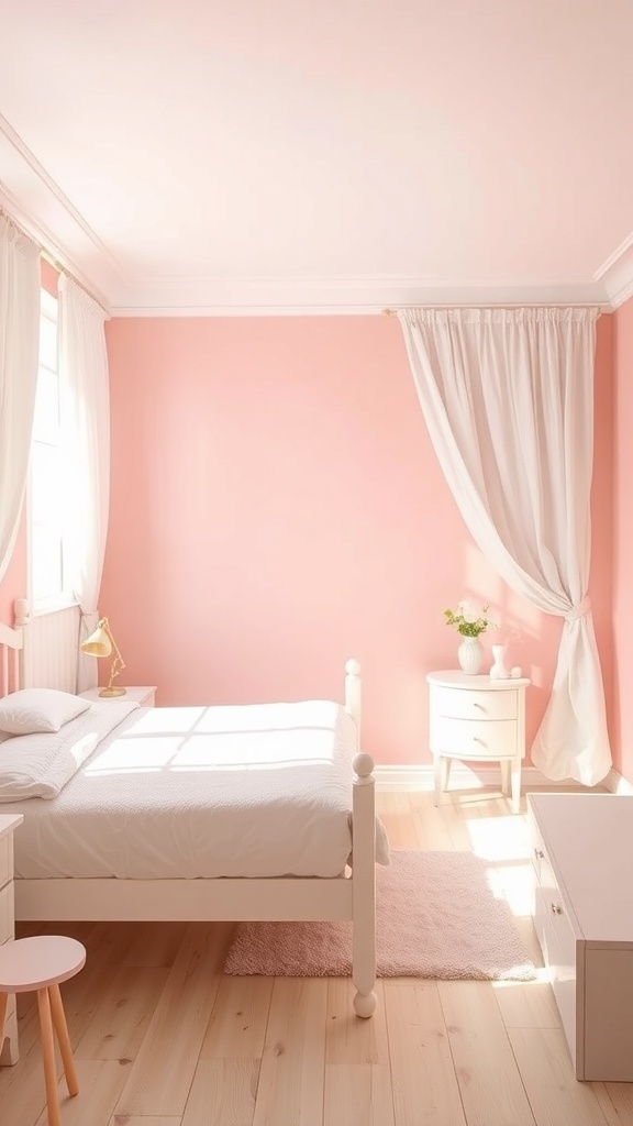A pastel pink bedroom with white curtains and furniture, creating a fresh and inviting atmosphere.