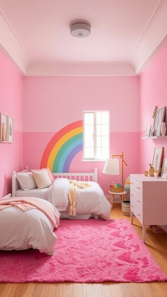 A pastel bedroom featuring a rainbow mural, pink walls, and soft furnishings.