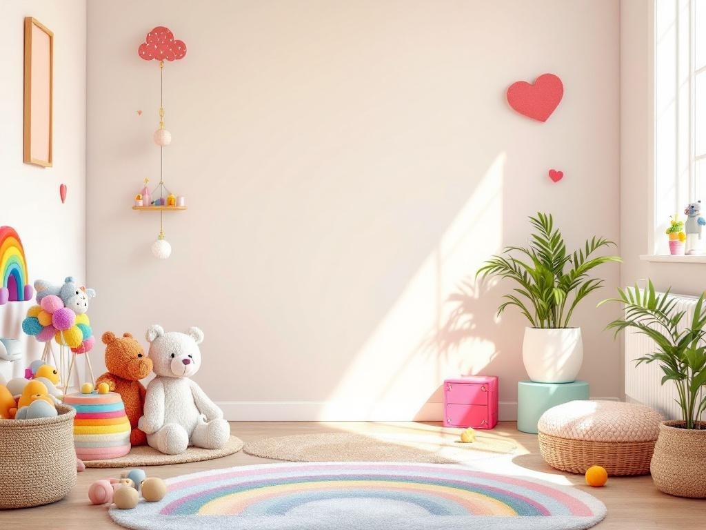 A bright and cheerful room with pastel rainbow accents, featuring a rainbow rug, plush toys, and colorful wall decorations.