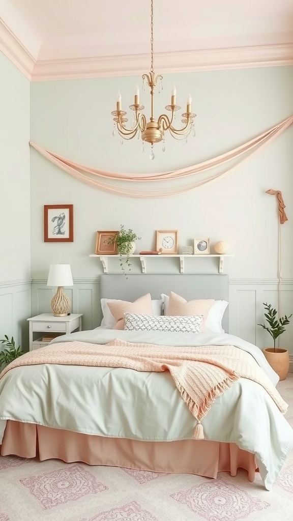 A beautifully decorated bedroom featuring pastel shades of pink and green, with soft bedding and decorative elements.