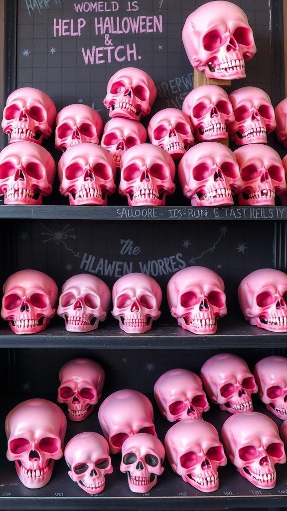 Shelves filled with bright pink skull decorations for Halloween