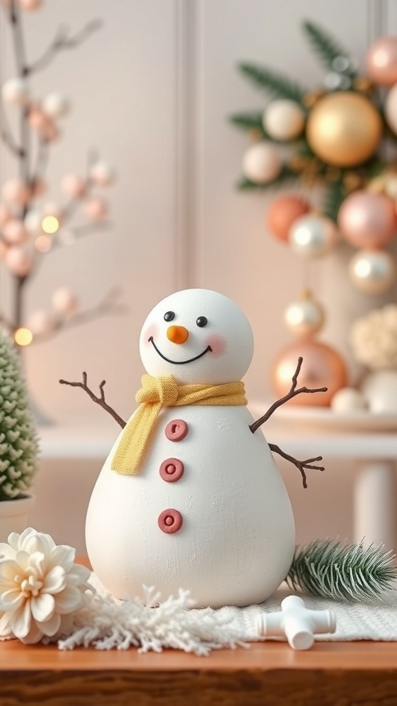 A cute pastel snowman with a yellow scarf and buttons, surrounded by pastel Christmas decorations.