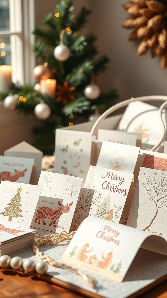 A display of pastel-themed Christmas cards featuring cheerful designs and decorations.