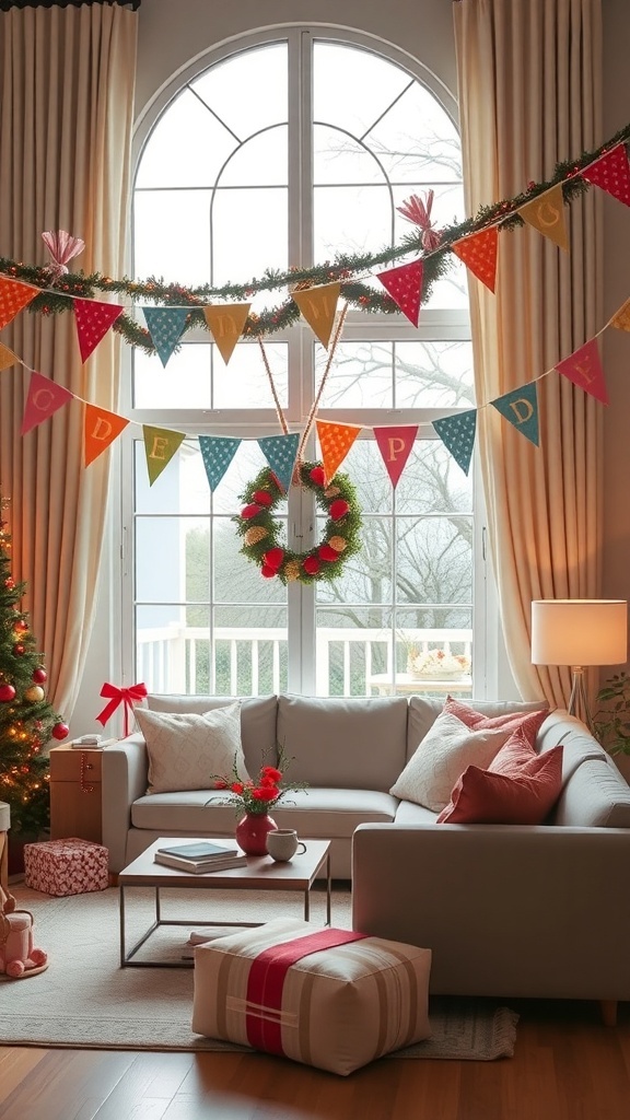 A cozy living room decorated with pastel holiday banners, a Christmas tree, and festive decor.