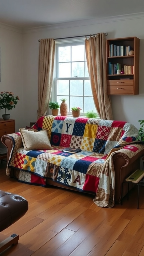 A cozy living room featuring a patchwork quilt draped over a couch, with plants and books in the background.