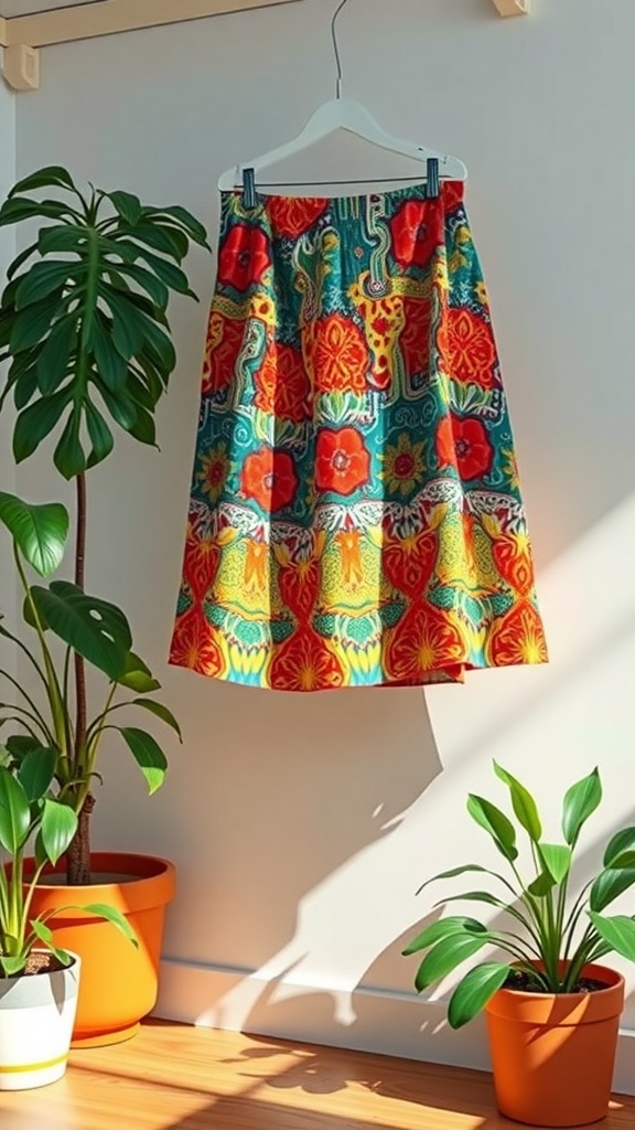 A colorful patterned skirt hanging against a bright background with plants.