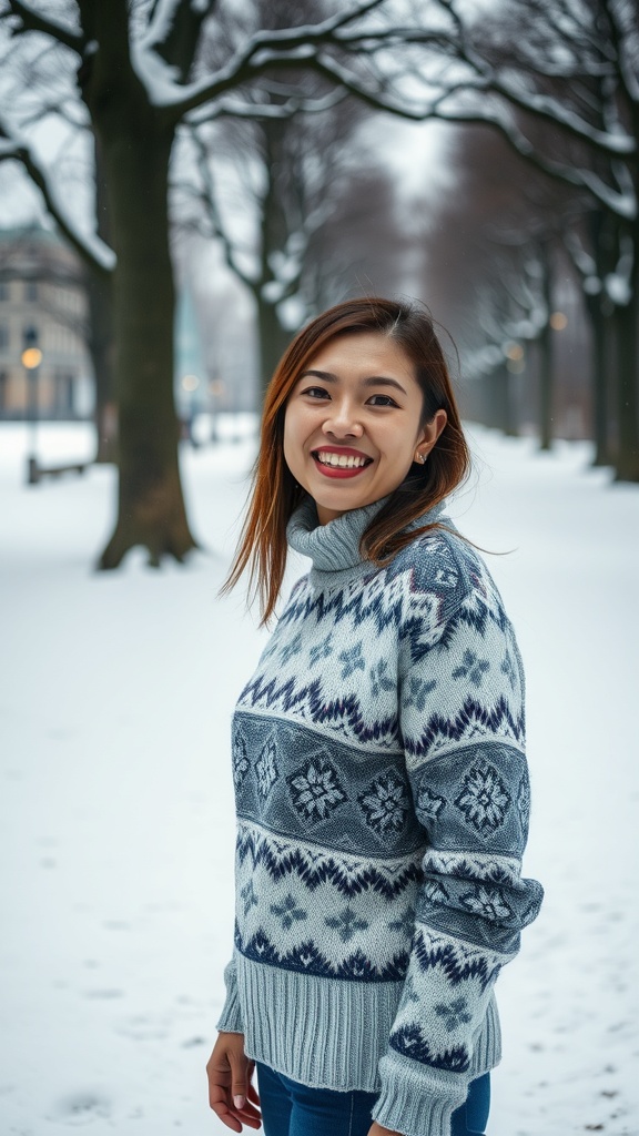 A woman smiling while wearing a patterned sweater in a snowy park