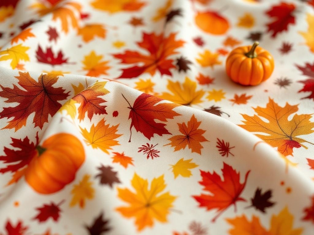 A Thanksgiving-themed tablecloth featuring colorful autumn leaves and a small pumpkin.