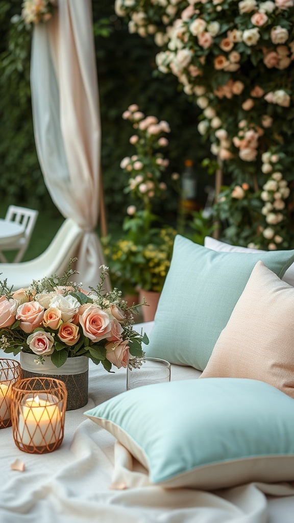 A cozy setup featuring peach roses, mint pillows, and candles in a romantic outdoor setting.