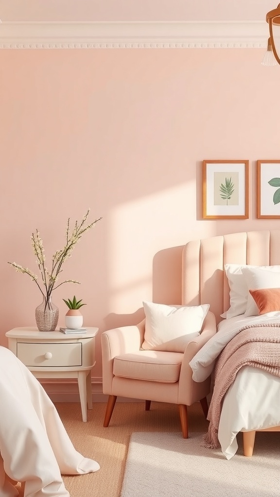 A pastel bedroom featuring peach accent furniture, including a chair and nightstand, with soft bedding and plants.