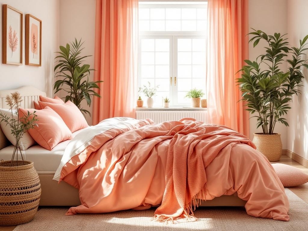 A cozy bedroom featuring peachy coral bedding, curtains, and plants, creating a warm atmosphere.