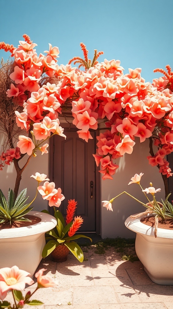 A vibrant display of peachy coral flowers framing a doorway, creating a fresh and inviting aesthetic.