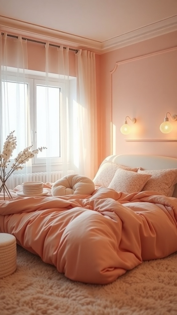 Cozy peach-themed bedroom with soft bedding and warm lighting.
