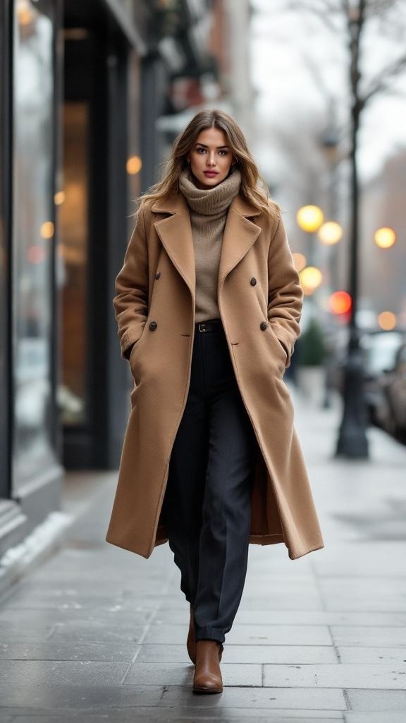 A woman wearing a camel peacoat and tailored trousers, walking on a city street.