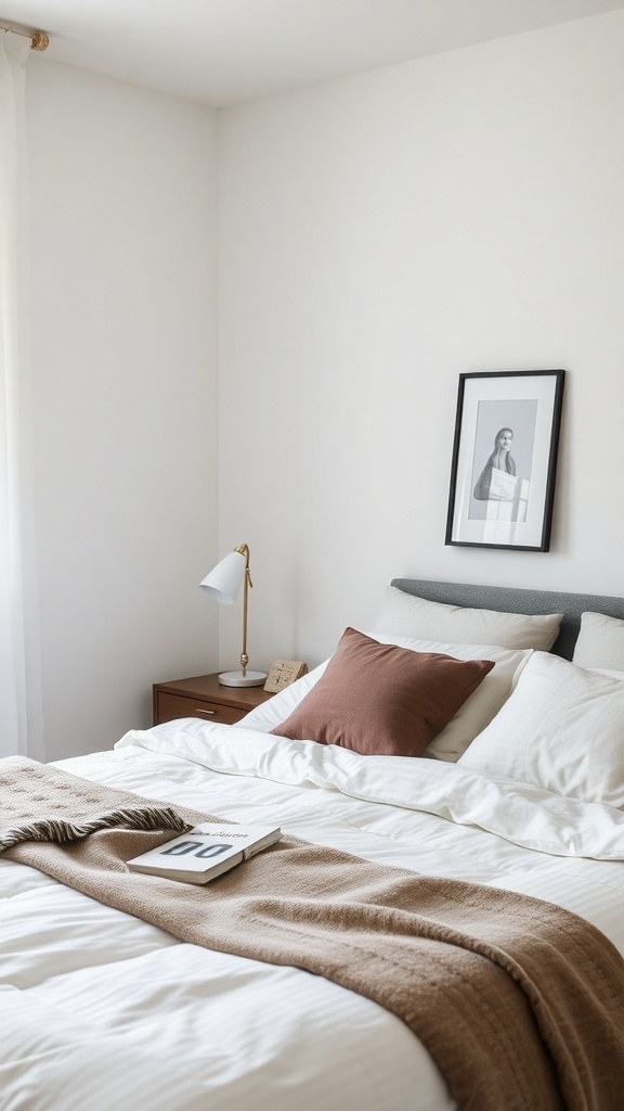 A minimalist bedroom with a book on the bed and a framed photo on the wall.