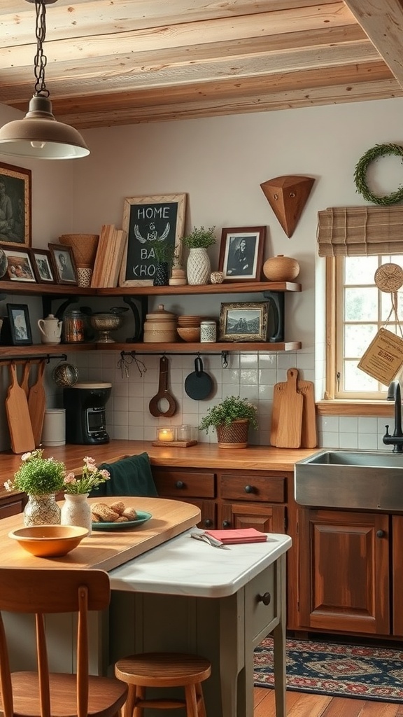 A rustic kitchen with wooden shelves, family photos, and plants.
