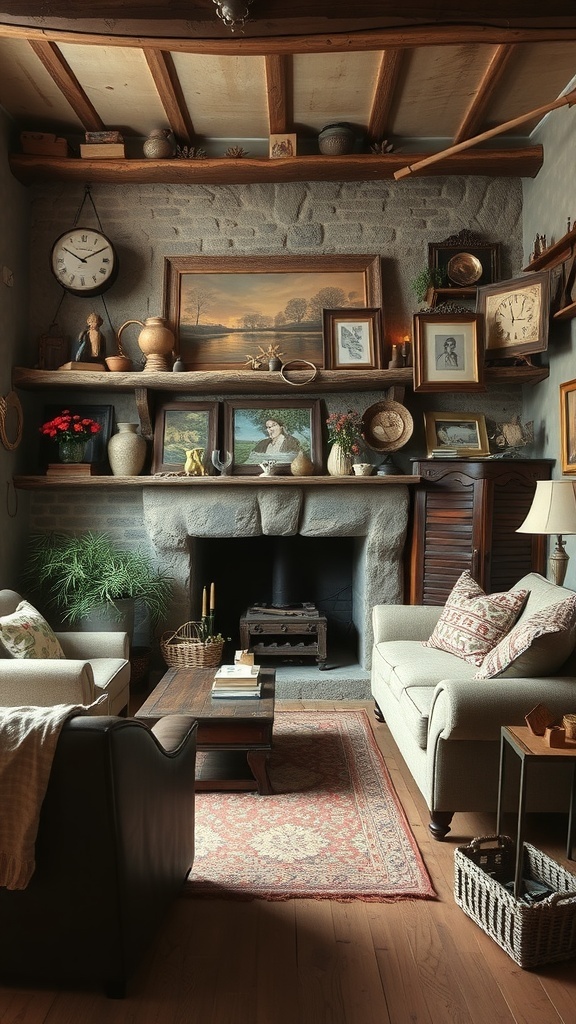 A rustic living room with wooden beams, stone walls, and shelves filled with family heirlooms and decorative items.