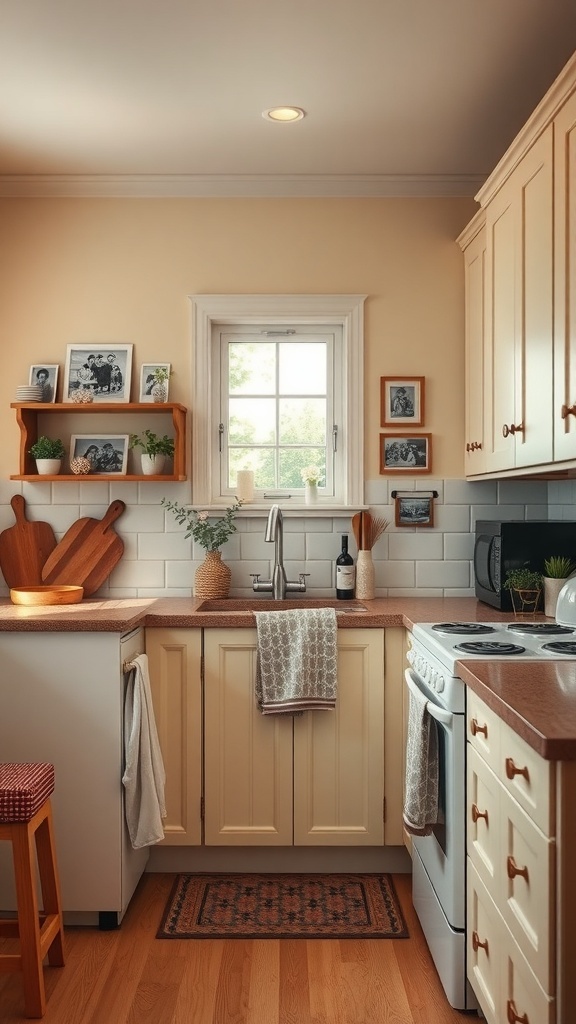 A cozy farmhouse kitchen featuring family photos, wooden shelves, and plants.