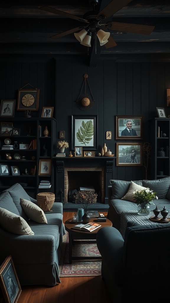 Dark rustic living room with personal touches and memories.