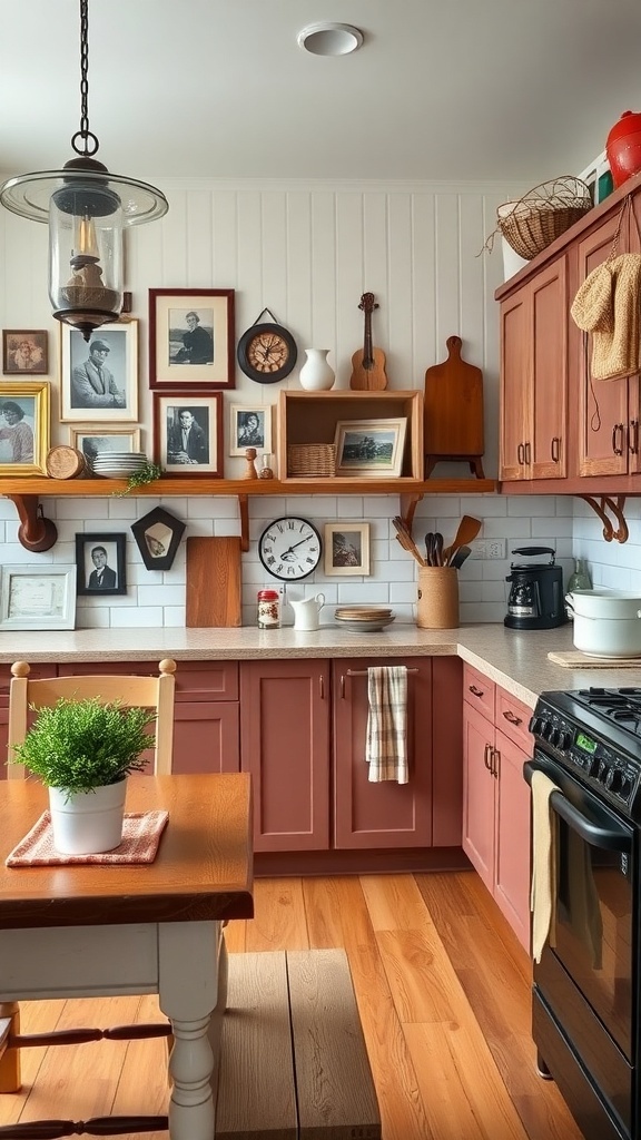 A cozy farmhouse kitchen featuring family photos and heirlooms on display.