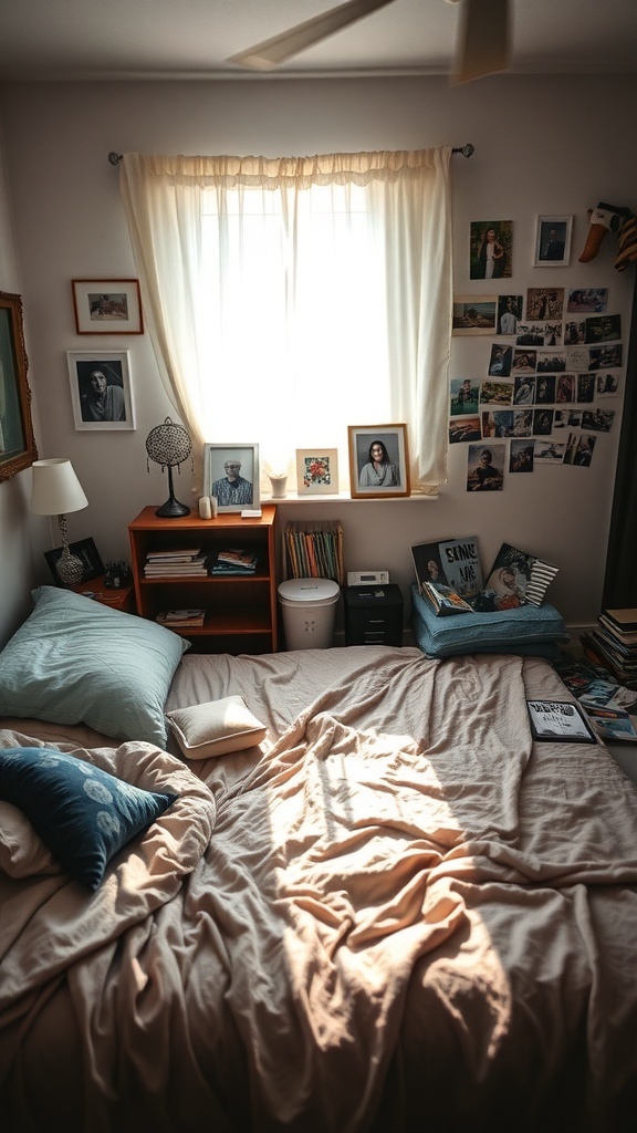 A cozy bedroom with soft bedding, personal photos on the wall, and warm sunlight coming through the window.