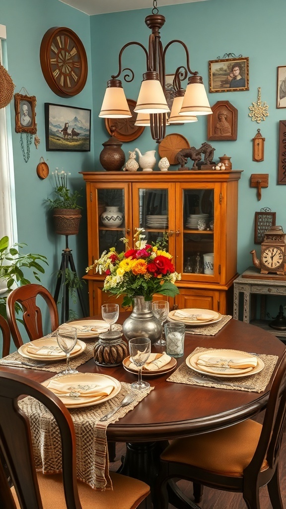 A cozy modern farmhouse dining area with a wooden table, chairs, and decorative wall art.