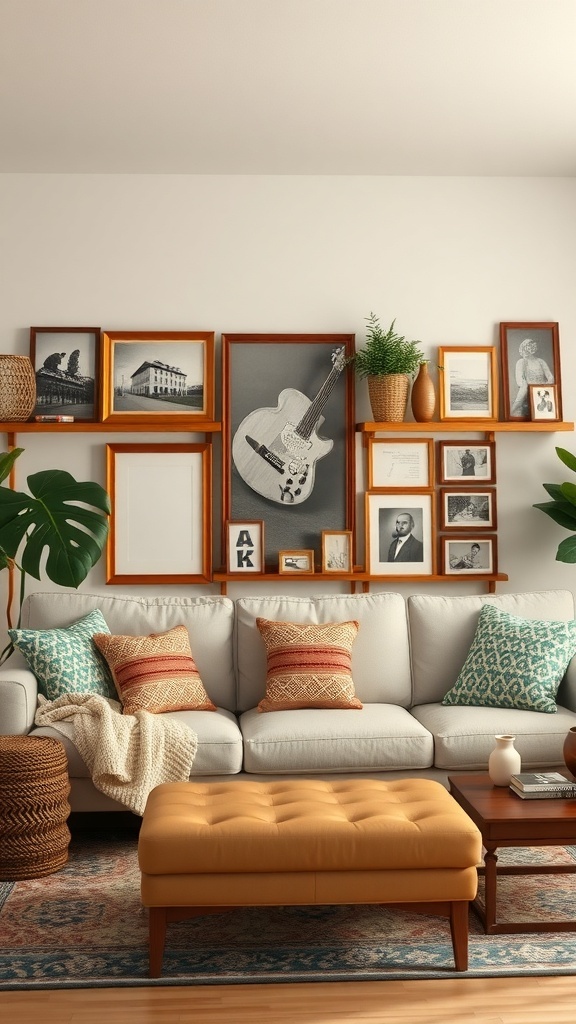A warm-toned living room featuring a cozy couch with colorful cushions, a stylish ottoman, and framed artwork on the walls.