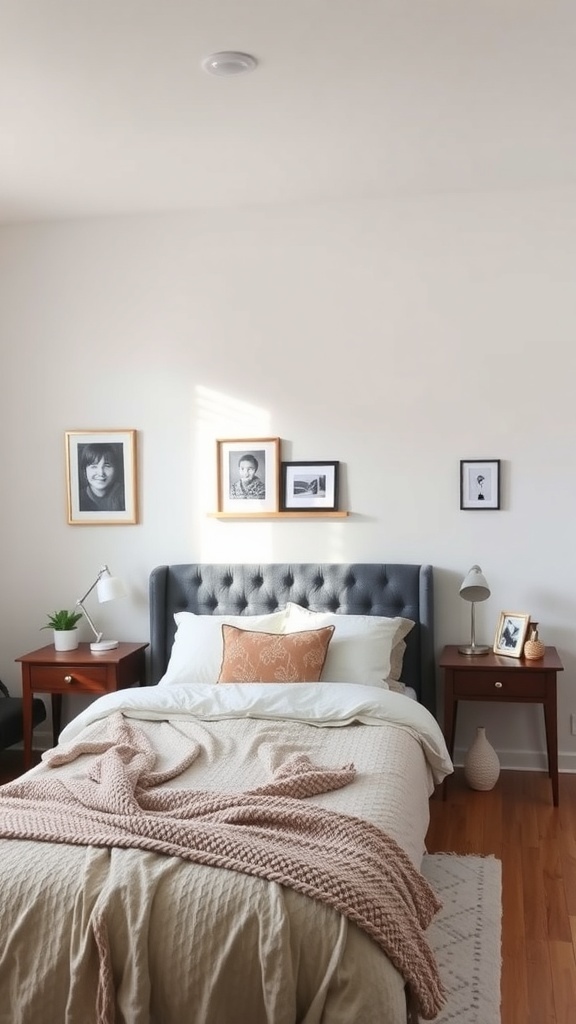 A neutral bedroom with a cozy bed, decorative pillows, and framed photos on the wall.
