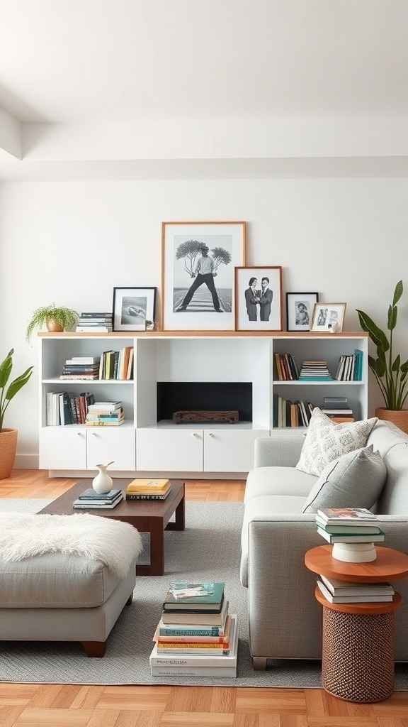 A neutral living room with a cozy sofa, coffee table, and shelves filled with books and framed photos.