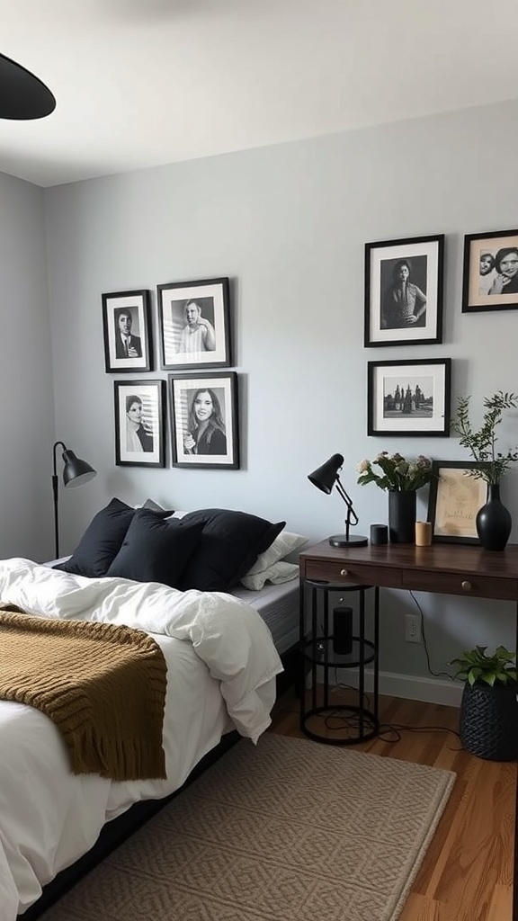 A stylish black aesthetic bedroom featuring framed black-and-white photos on the wall and a cozy bed.
