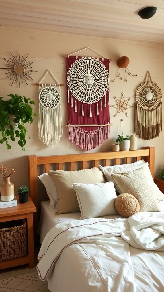 A cozy rustic bedroom featuring DIY decor elements like wall hangings and knitted throws.