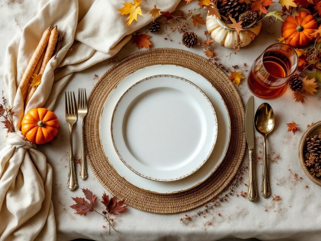 A rustic Thanksgiving table setting with heirloom plates, pumpkins, and autumn leaves.