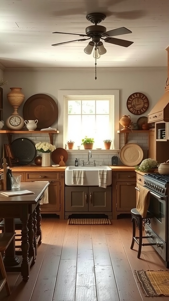 A cozy vintage farmhouse kitchen with wooden cabinets, a farmhouse sink, and decorative heirlooms.