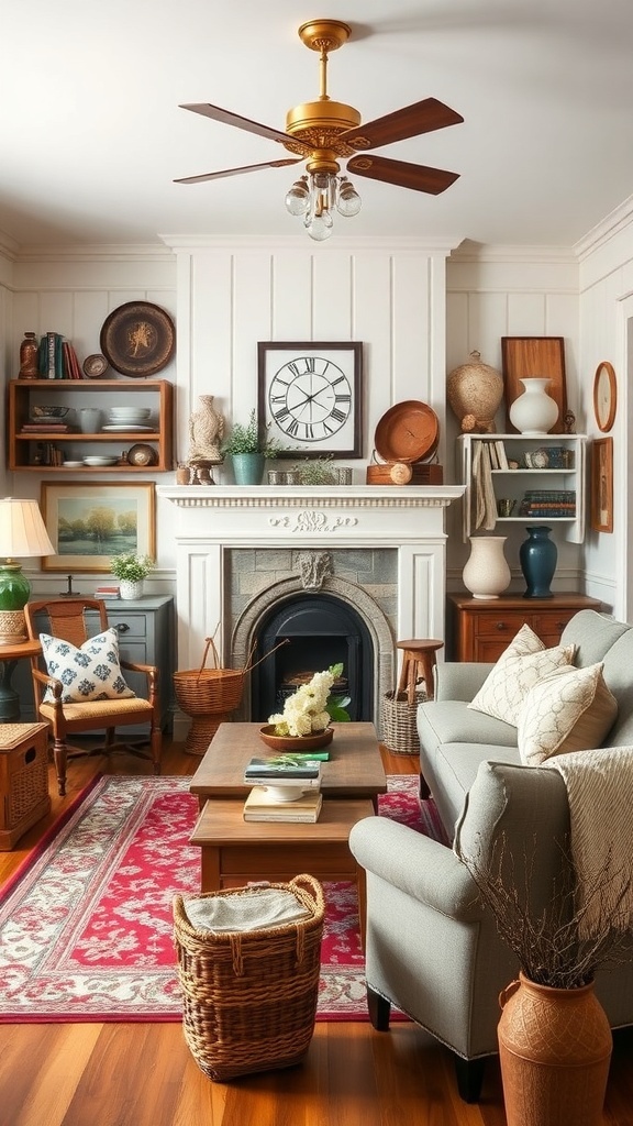 A cozy vintage farmhouse living room with family heirlooms and warm decor.