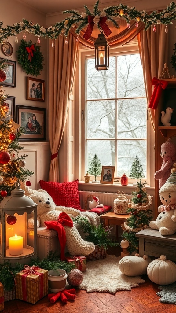 A cozy winter room decorated with a Christmas tree, soft toys, and warm lighting.