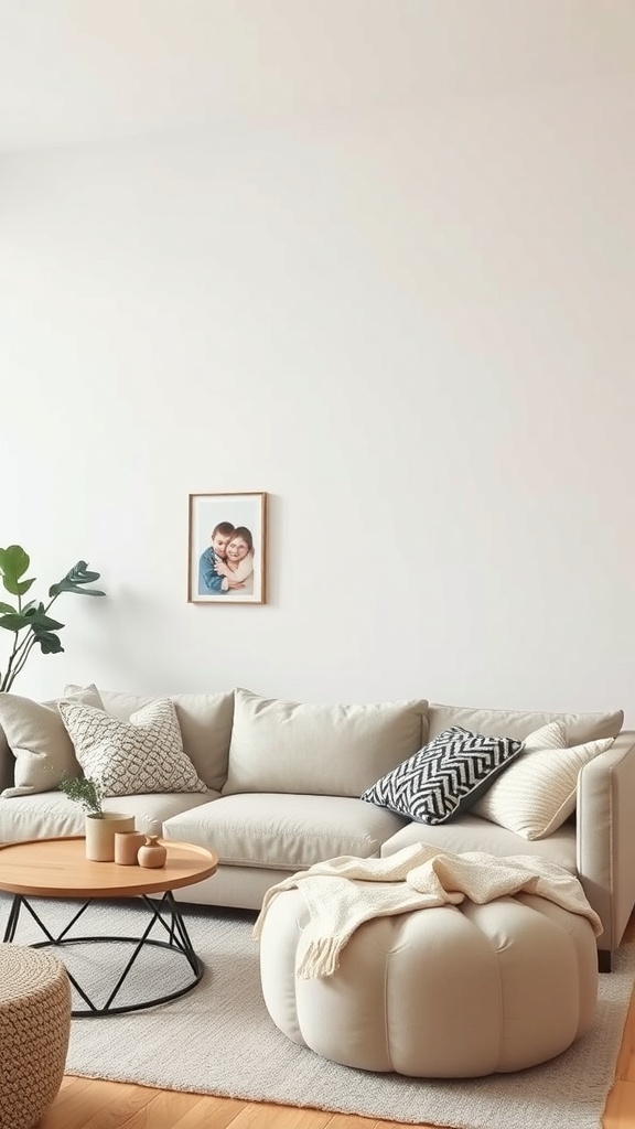 A soft neutral living room with a cozy sofa, decorative pillows, and a coffee table.