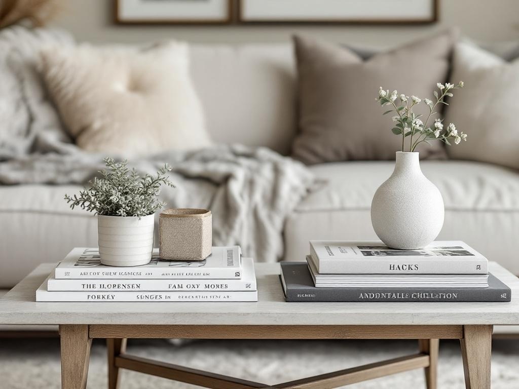 A cozy coffee table with books, a potted plant, and a textured vase.