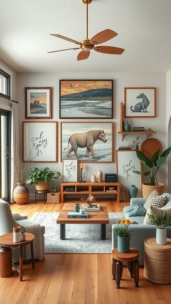 A cozy living room with personalized art and rustic accessories.