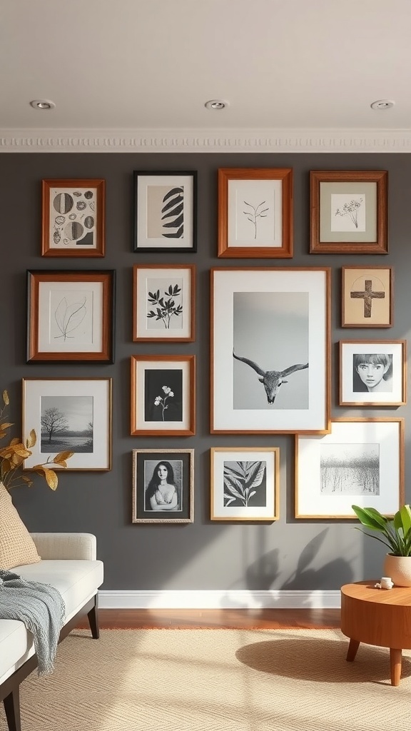 A wall with various framed artworks in a cozy living room setting.