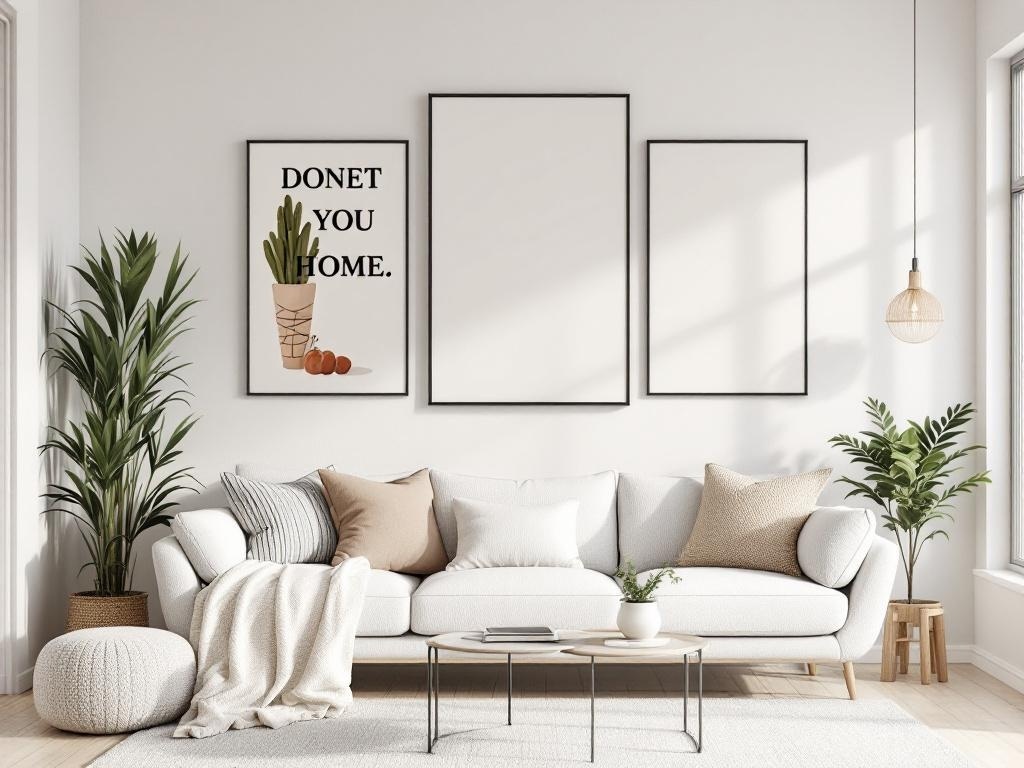 A cozy living room with a neutral aesthetic, featuring a prominent art piece and empty frames for personalized art displays.