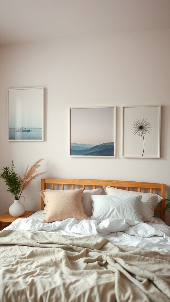 A soft neutral sleep space with personalized art on the walls, featuring calming images and a cozy bed.