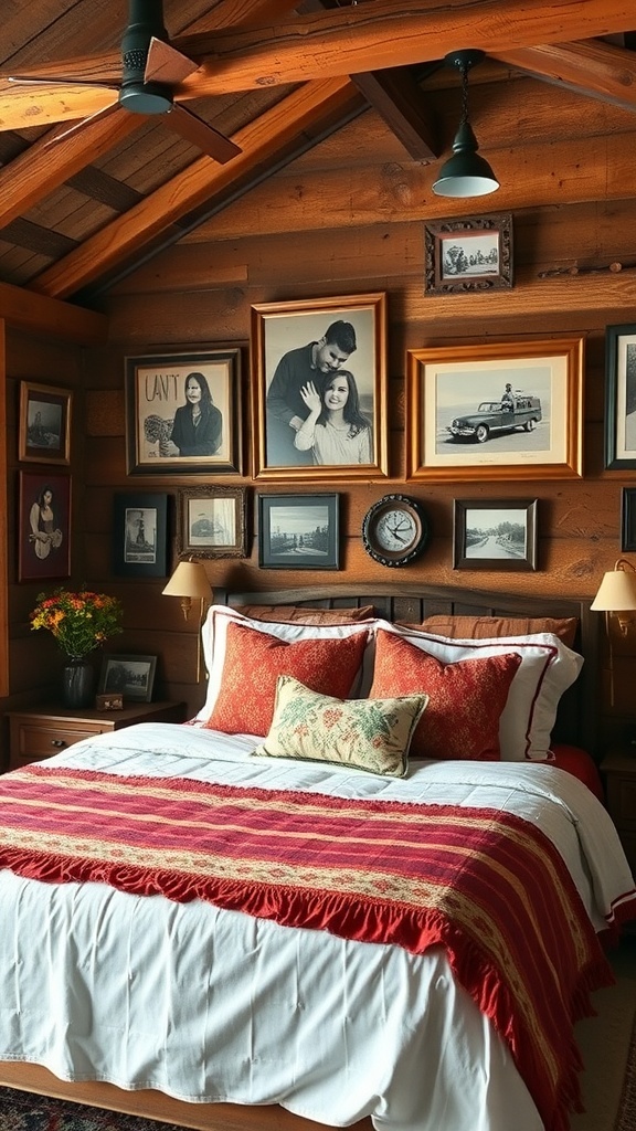 Cozy rustic bedroom with personalized artwork on the walls.