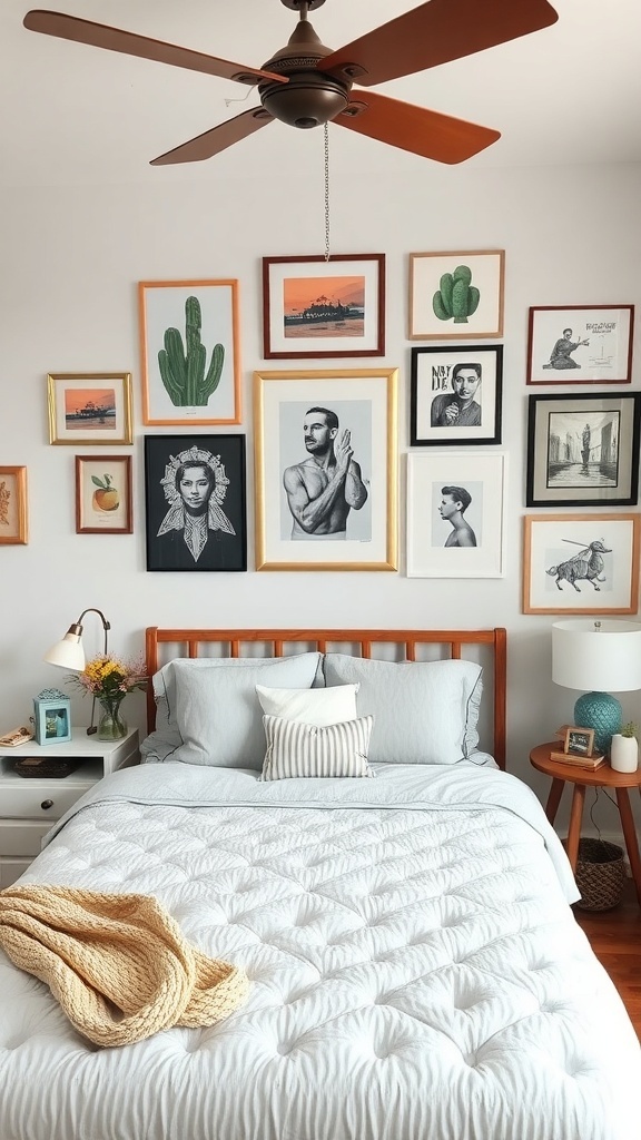 A stylish bedroom with a variety of framed artworks on the wall, a neatly made bed, and decorative accents.