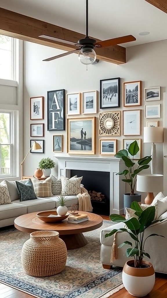 A cozy living room with a gallery wall featuring various framed artworks and photographs.