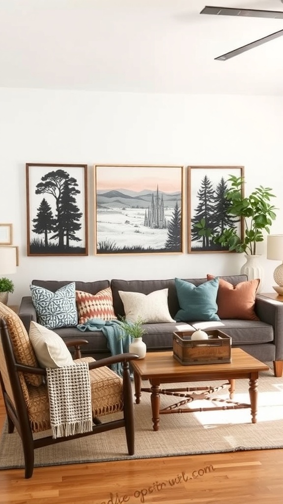 A cozy western farmhouse living room featuring framed artwork of nature scenes, colorful cushions, and a wooden coffee table.