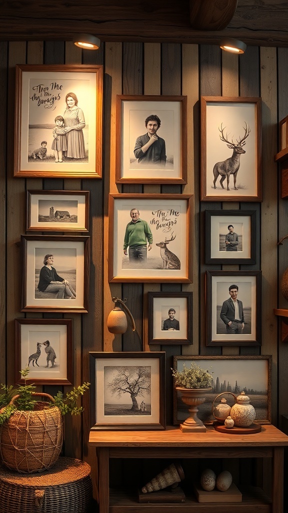 A gallery wall featuring framed photos and quotes in a modern rustic living room.