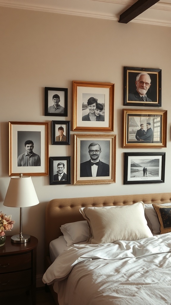 A cozy bedroom with a wall of framed photographs in various styles, showcasing personalized artwork.