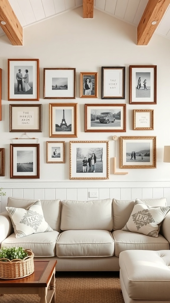 A cozy cottage living room with a gallery wall of framed black and white photos.