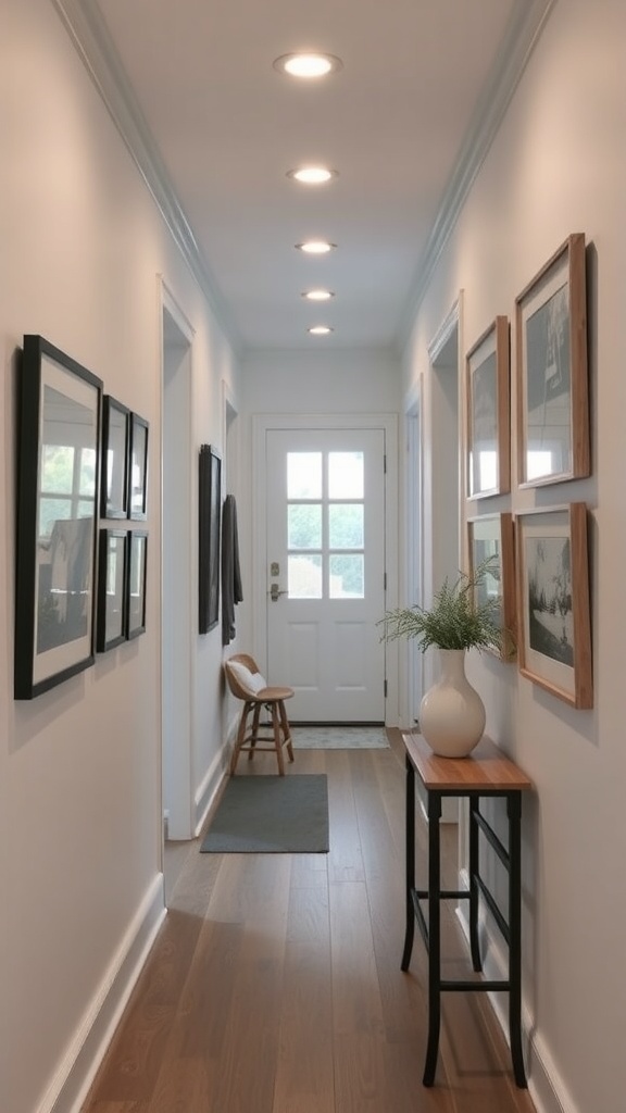 A hallway with framed artwork on the walls, a small table, and a chair.