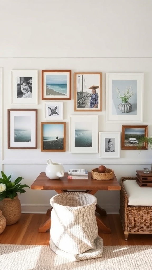 Gallery wall with various framed artworks and photographs in a coastal farmhouse setting.